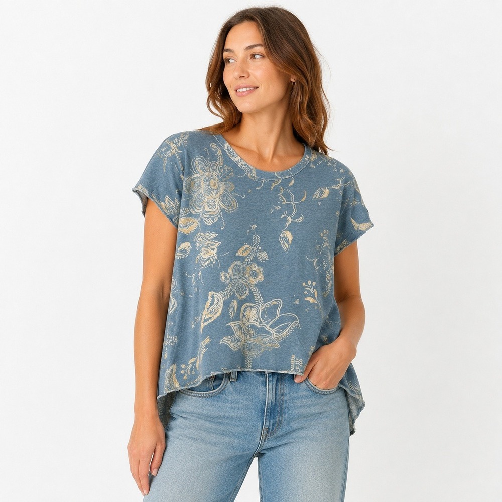 Pilcro Anthropologie Floral Linen Cotton Tee Blue XS High Low Relaxed Top
